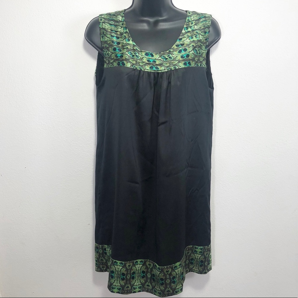 Vfish peacock print sleeveless black silk tunic